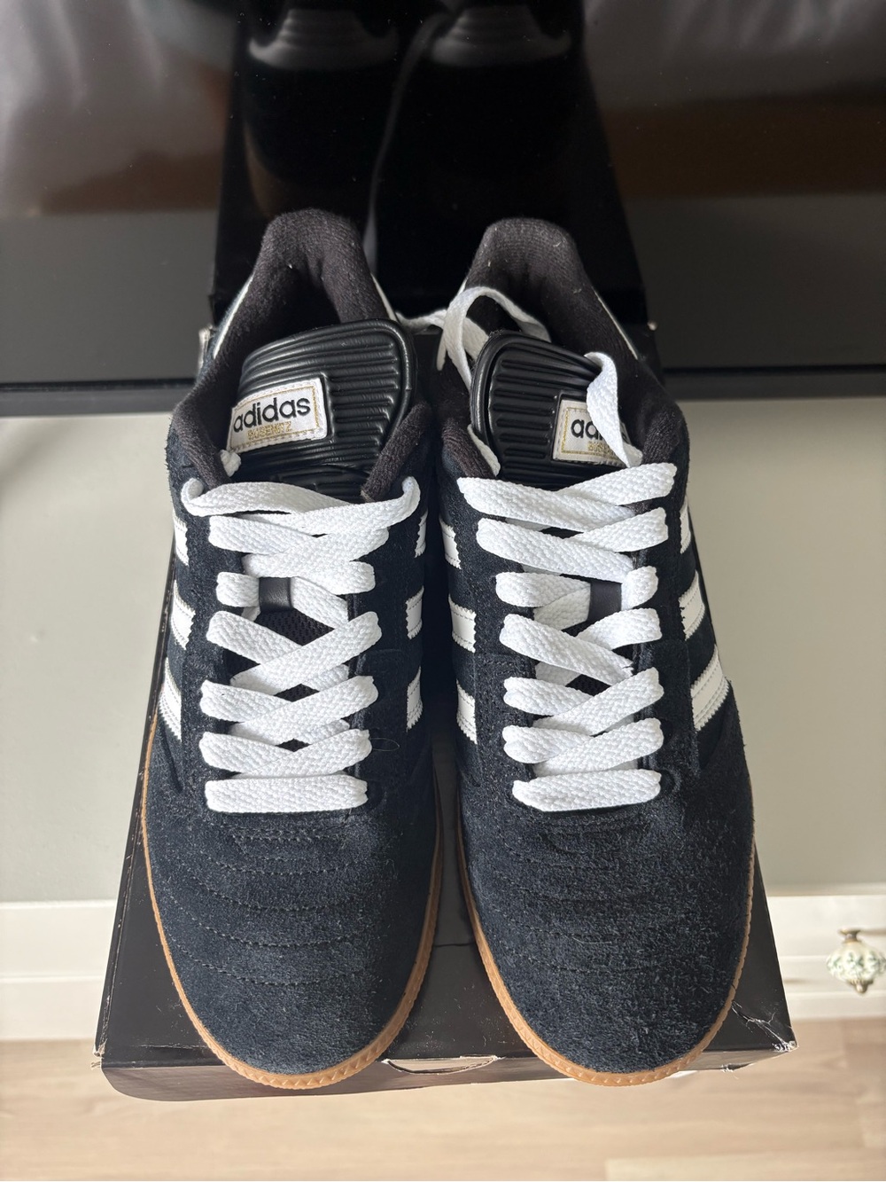 Busenitz Adidas Black Suede Sneakers with White Stripes and Laces